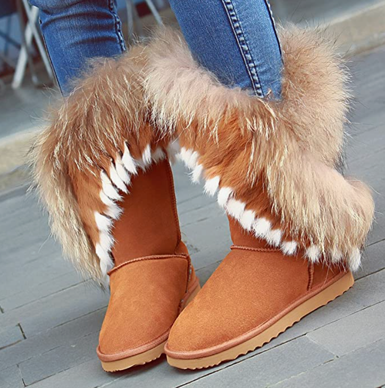 Mid Calf Boots; Cow Leather Fur Snow Boots