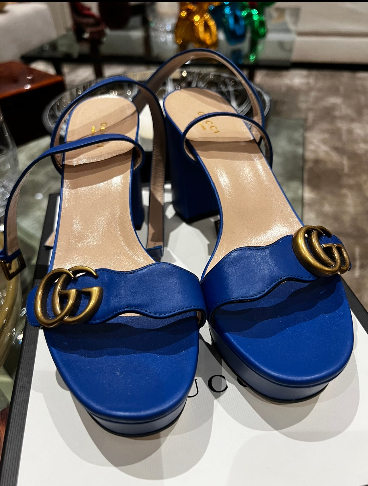 A. Blue Gucci Platform Ankle Straps - size 10 (40)