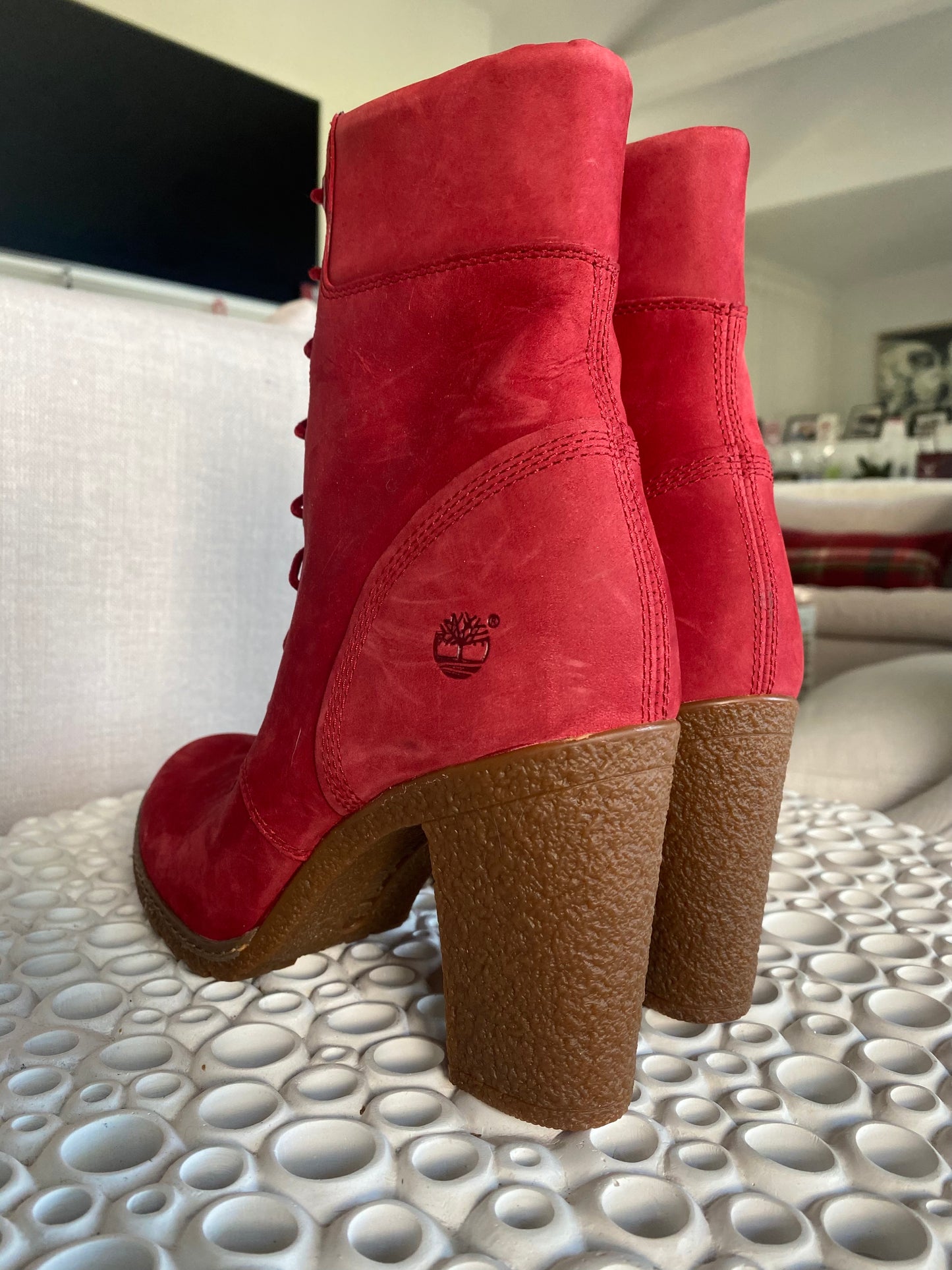 Timberland Women's Limited Ruby Red Suede Leather High Heel Boots - 10