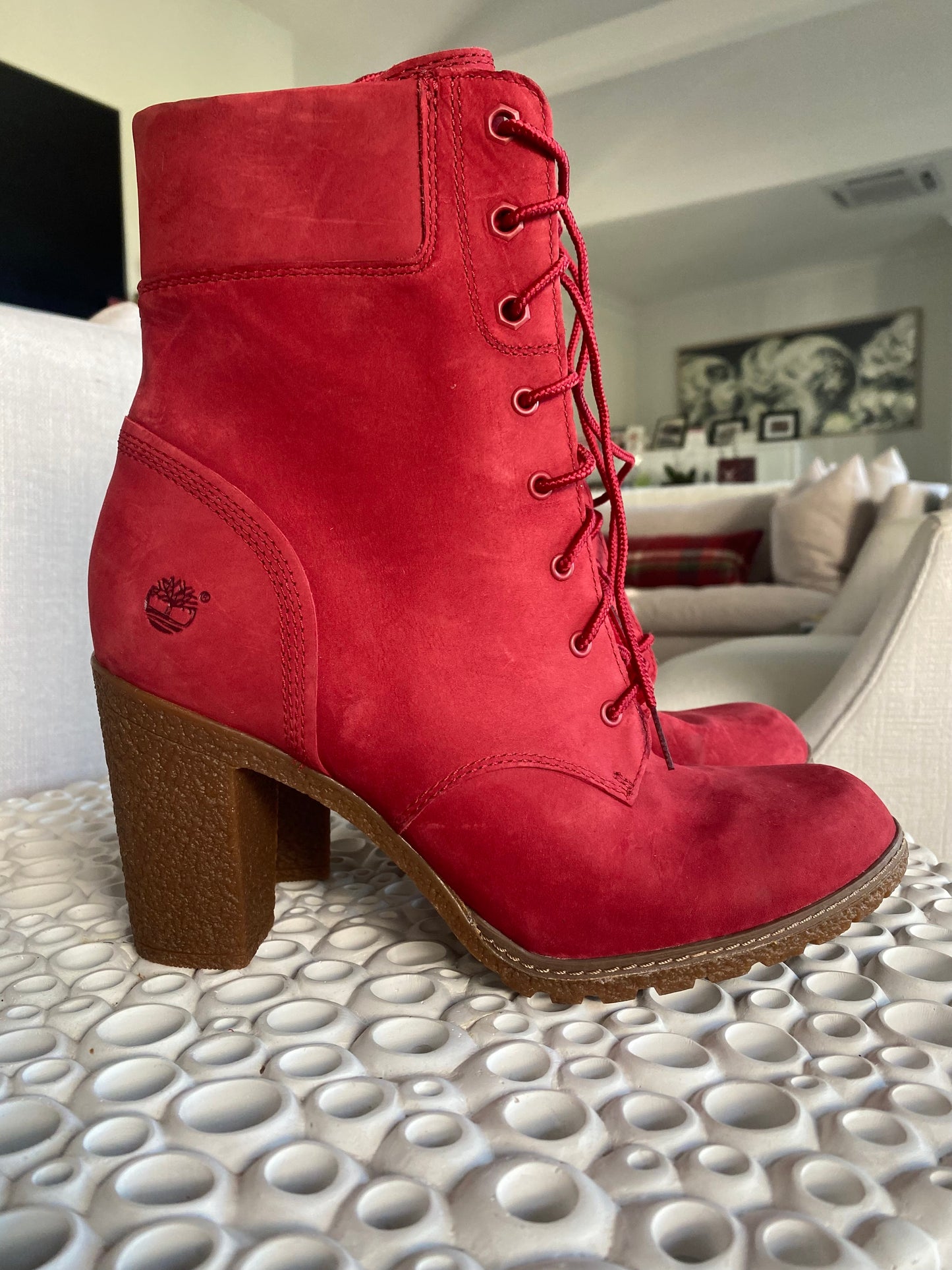 Timberland Women's Limited Ruby Red Suede Leather High Heel Boots - 10