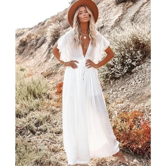 Dress: White Sands Gauze Boho Flutter Maxi Butterfly Arms Dress, Bikini Coverup